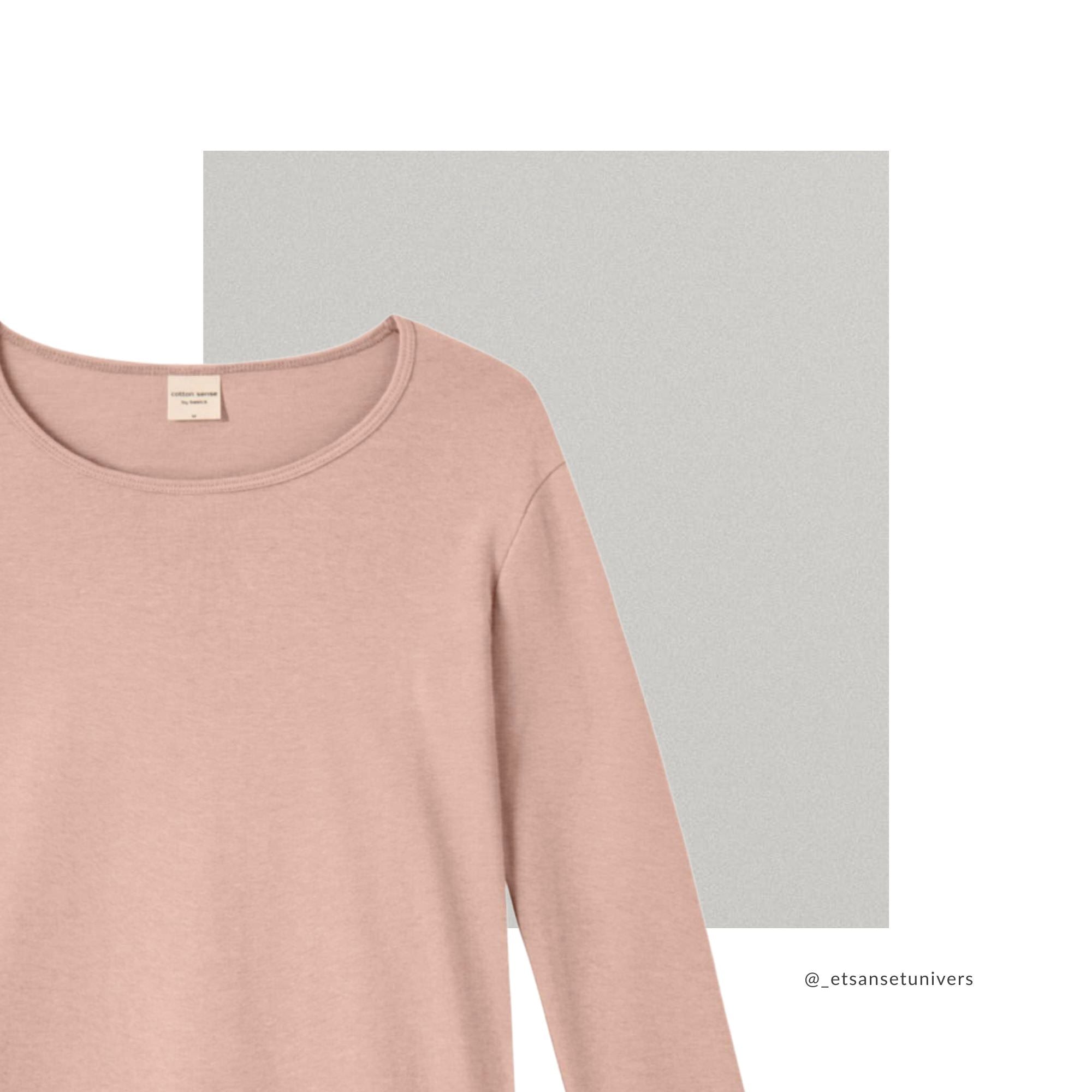 Langærmet OEKO-TEX® bomuldsbluse i blid rosa – close up neck - Et Sanset Univers