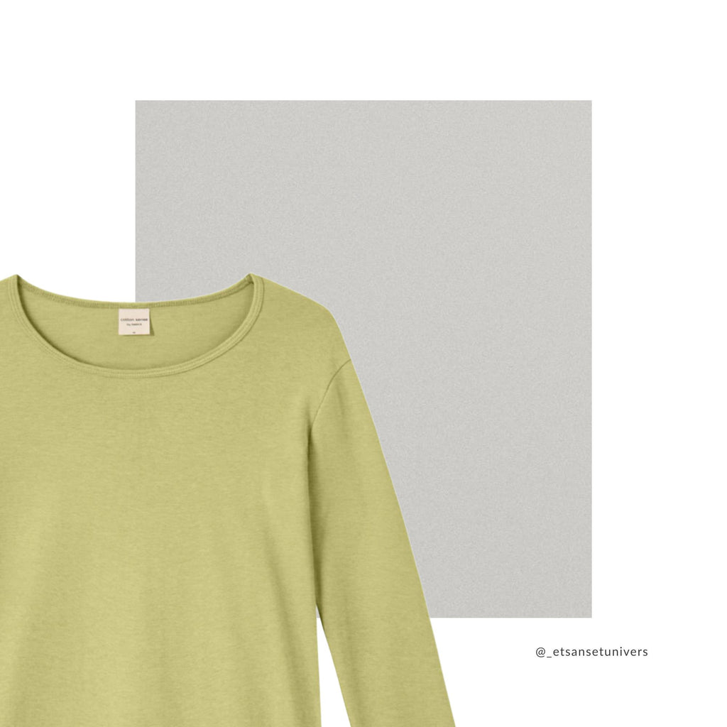 Langærmet bomuldsbluse OEKO-TEX® i sommer grøn – close up neck - Et Sanset Univers