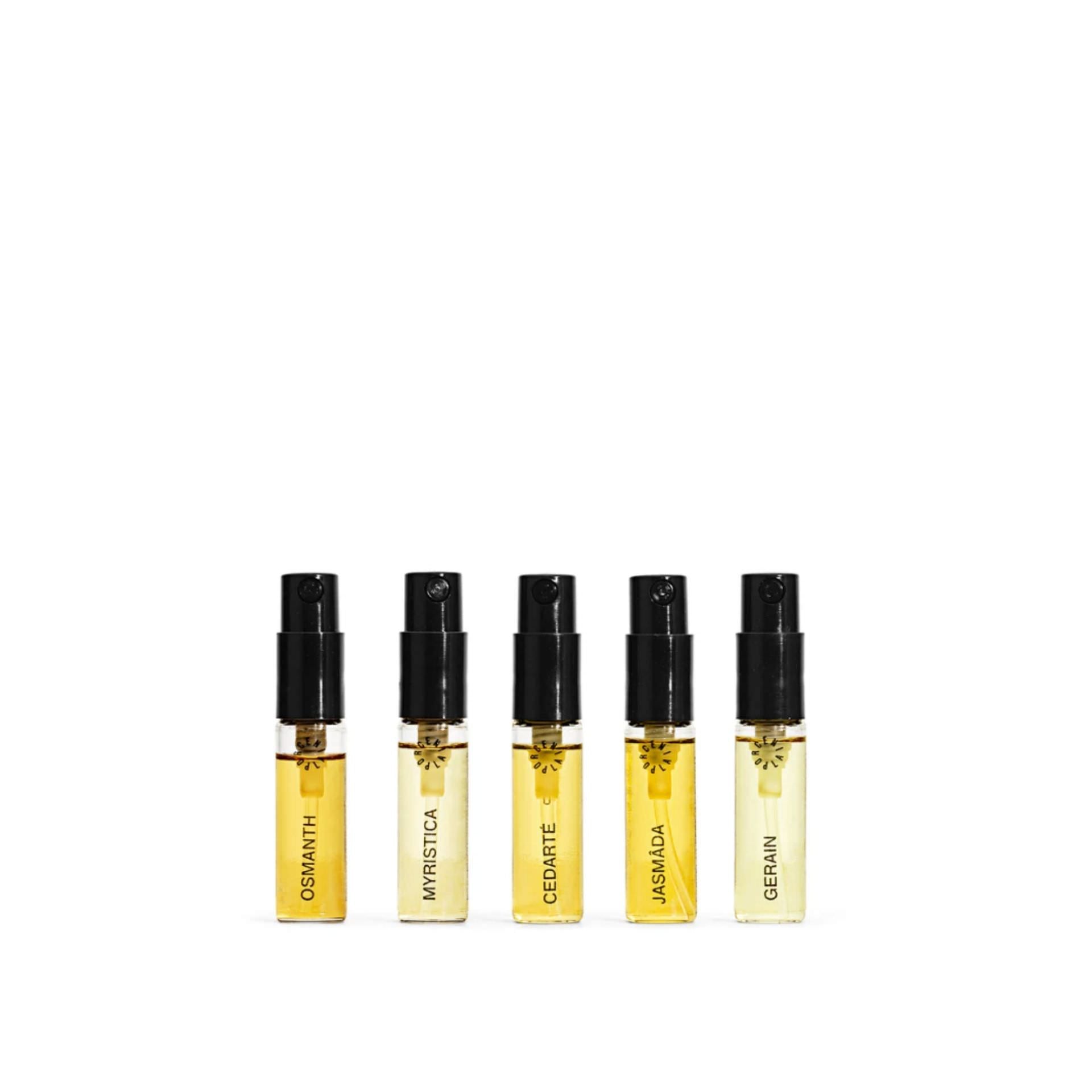 PORCELAIN Curiosity Set – fem duftvials: Osmanth, Myristica, Cerdaté, Jasmâda og Gerain – Et Sanset Univers