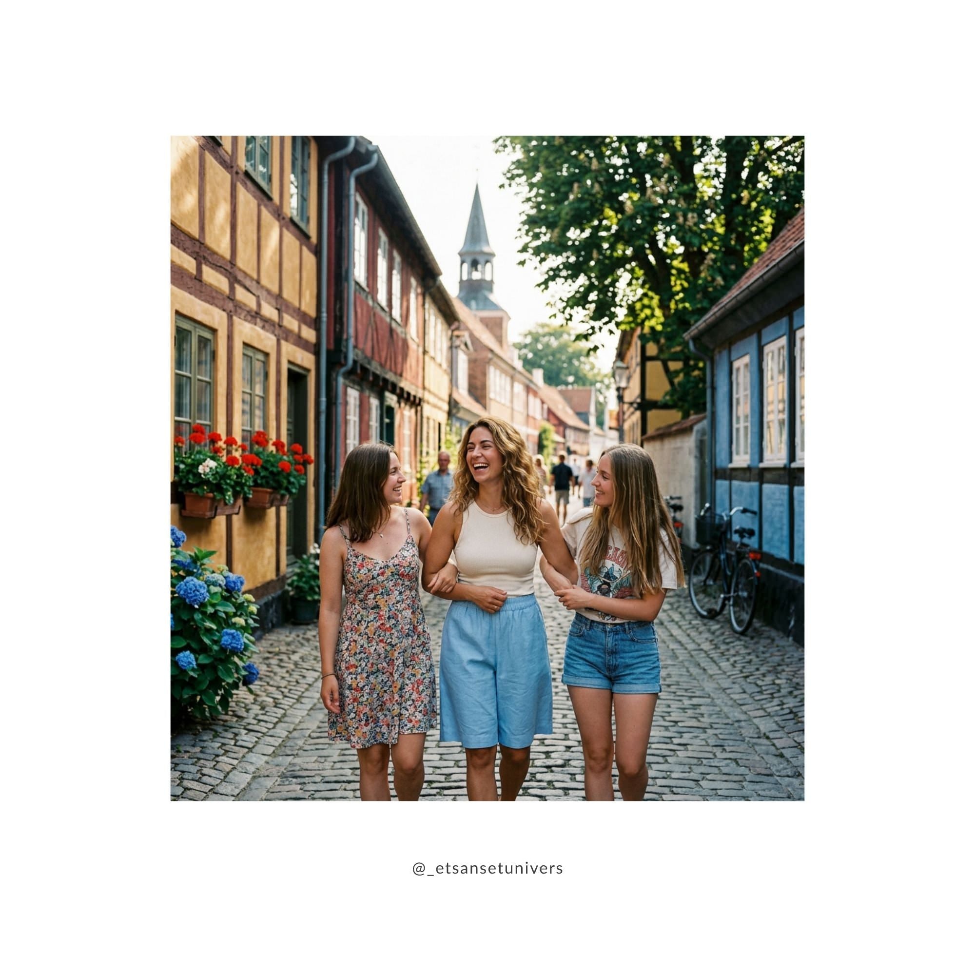 Kvinde i Eiluu Shorts Himmelblå på ferie i en smuk dansk by med veninder – romantisk og afslappet sommerlook - Et Sanset Univers