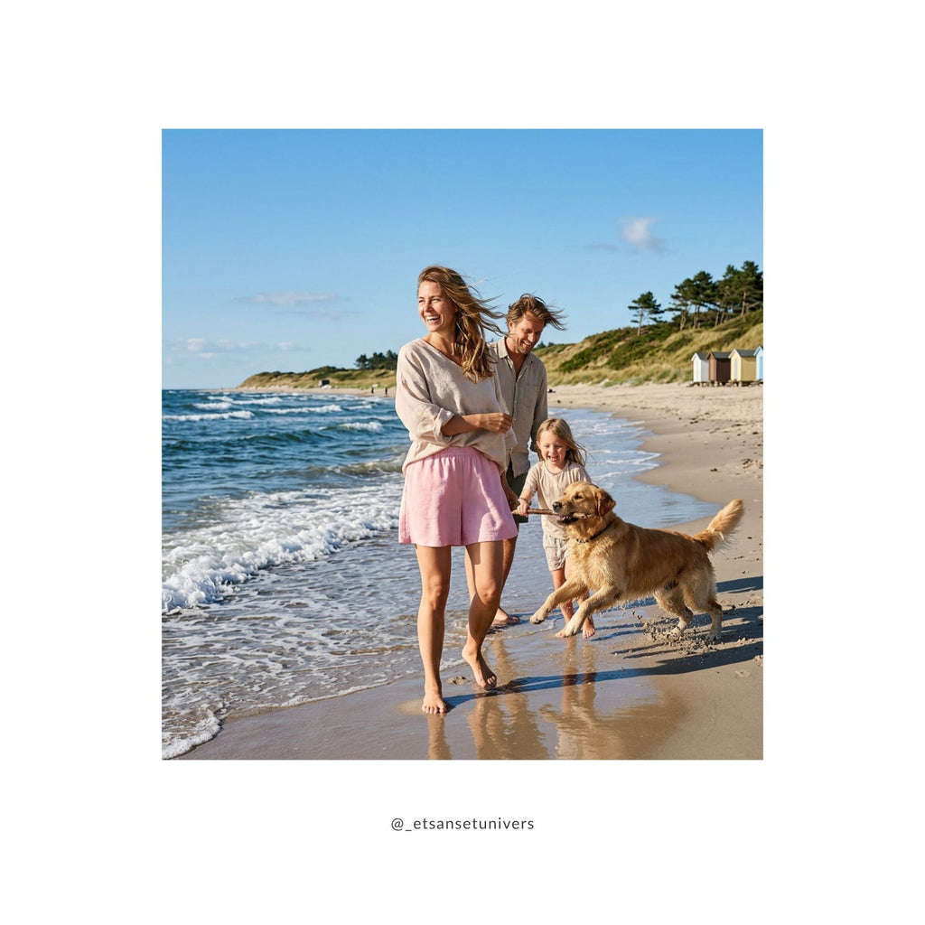 Kvinde i Eiluu Shorts Hindbærskum pink med sin familie på Tisvildeleje strand – elegant og afslappet sommerlook - Et Sanset Univers