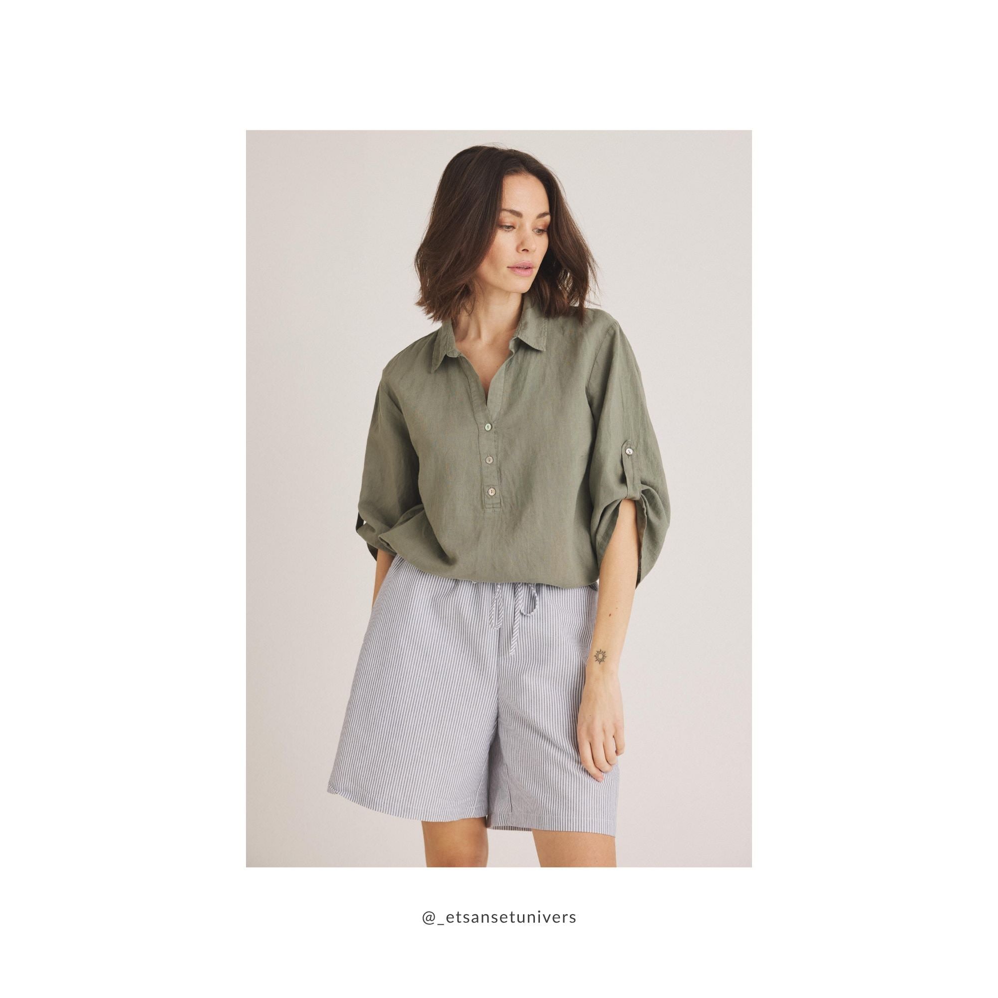 Elilisho Shorts i Black Pepper stylet med afslappet grøn hørbluse med opsmøg på ærmerne – effortless og klassisk sommerlook - Et Sanset Univers