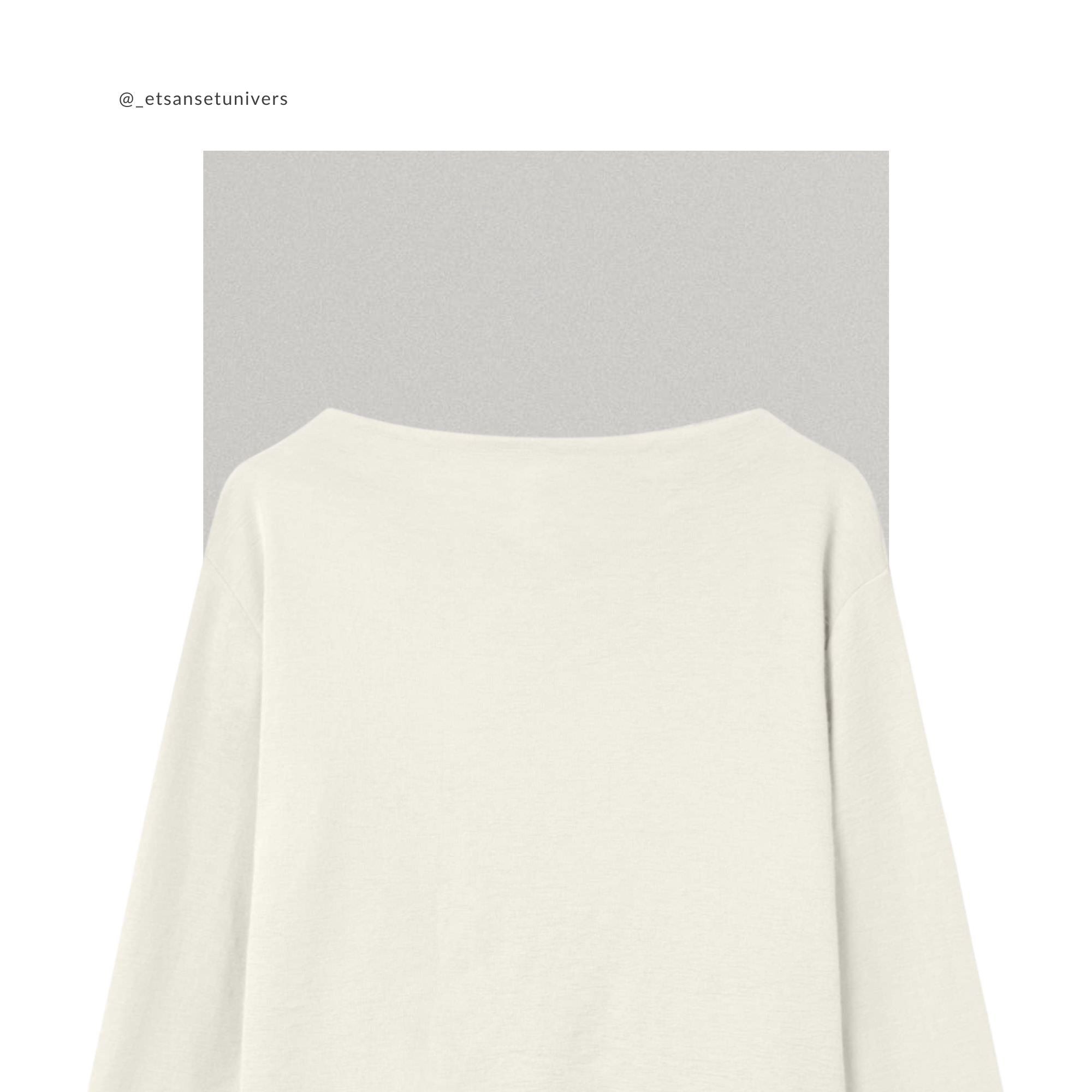Merinould OEKO-TEX® bluse med høj slids i raw white – close up hals - Et Sanset Univers