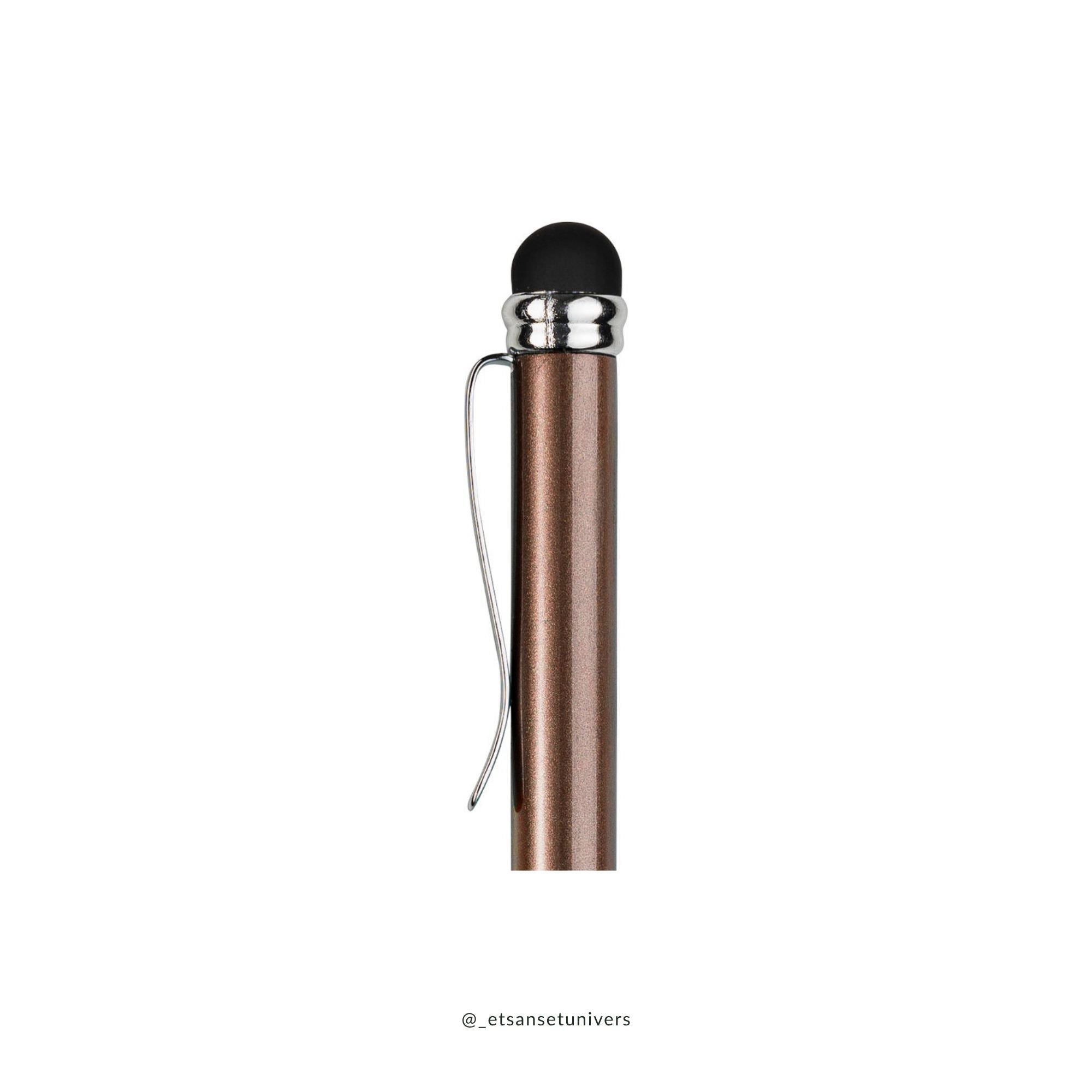 Mini kuglepen med touch-funktion metallic brun - close up af stylus touchpen - Et Sanset Univers