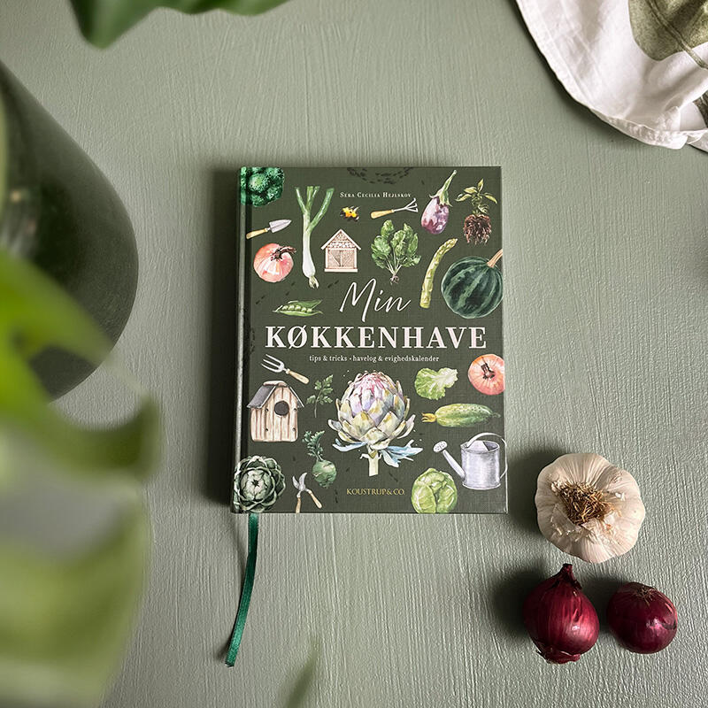 Bog om køkkenhave med havelog og kalender - stiliseret med grøntsager – Et Sanset Univers