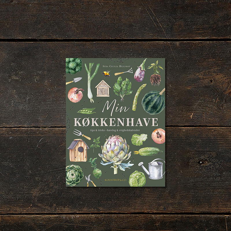 Bog om køkkenhave med havelog og kalender - stiliseret – Et Sanset Univers