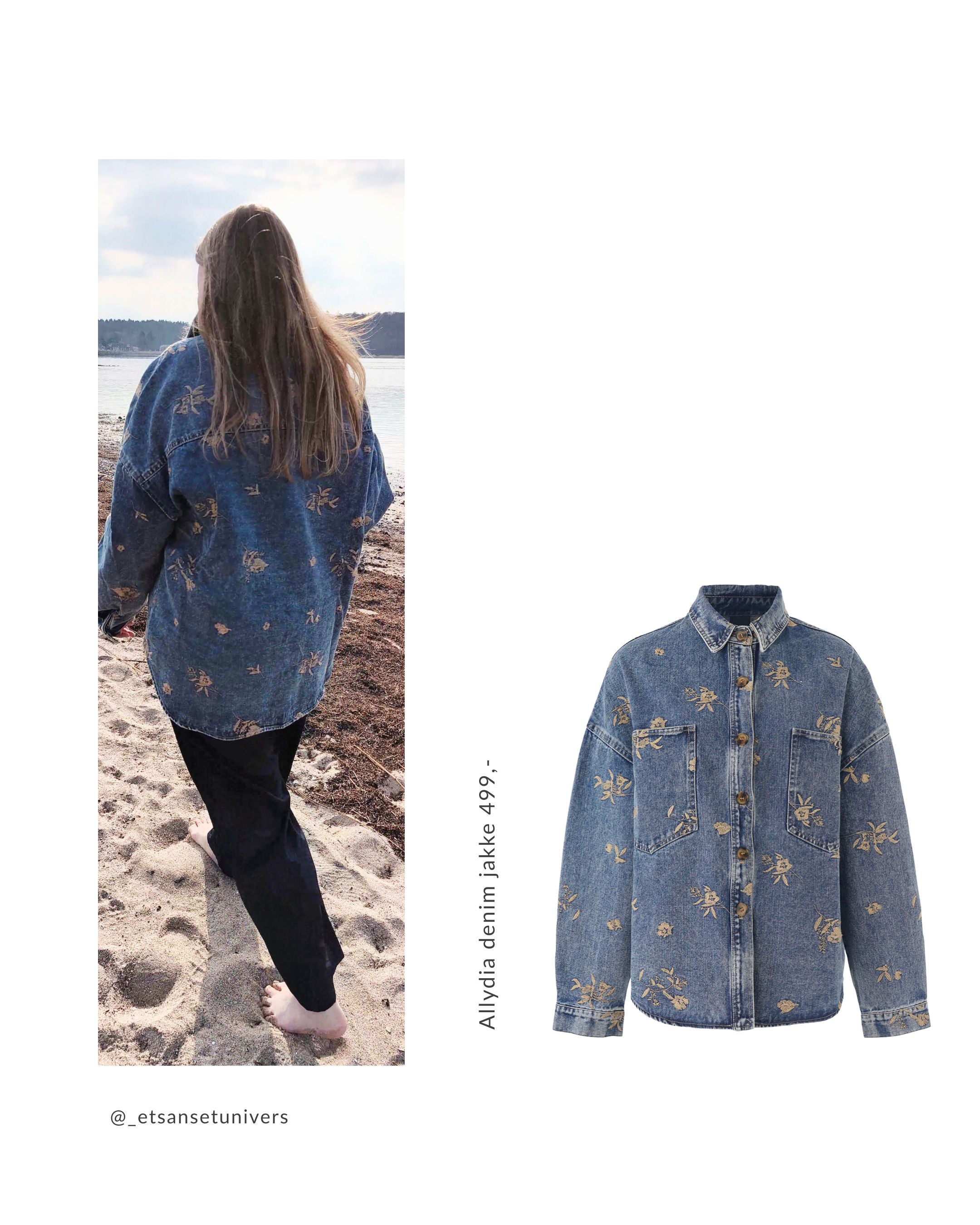 Denim jakke i klassisk snit og feminine detaljer – Linda med denim jakke og veni bukser set gående bagfra - ved Roskildefjord i Frederikssund - Et Sanset Univers