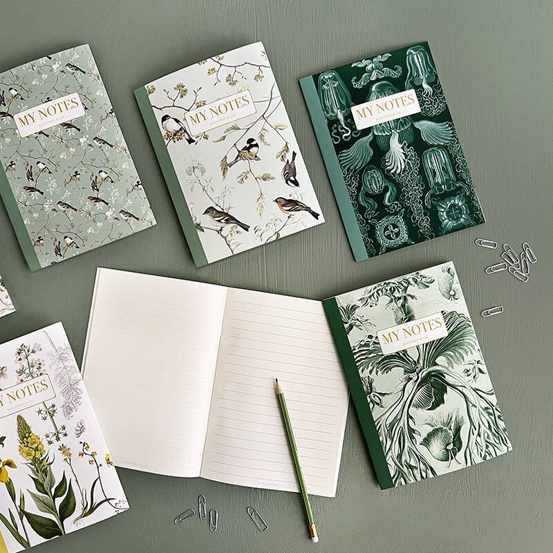 Noteshæfte med havens fugle -illustration – inspirationsbillede med flere forskellige notesbøger med kunst, samt dansk flora og fauna - Et Sanset Univers