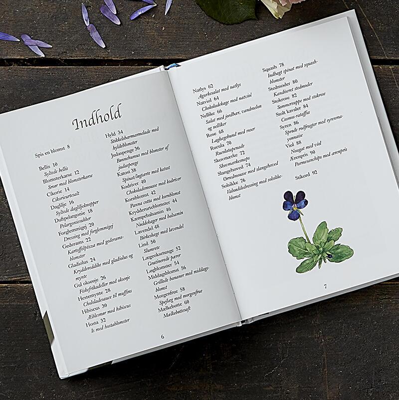 Bog om spiselige blomster og velbehag – stiliseret indholdsfortegnelse - Et Sanset Univers