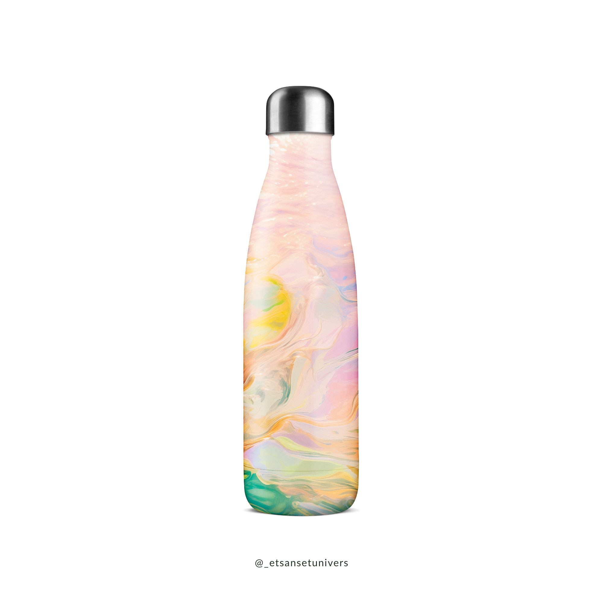 Eksklusiv BPA-fri rustfri stål termoflaske i farven pink pastel swirl - hos et sanset univers
