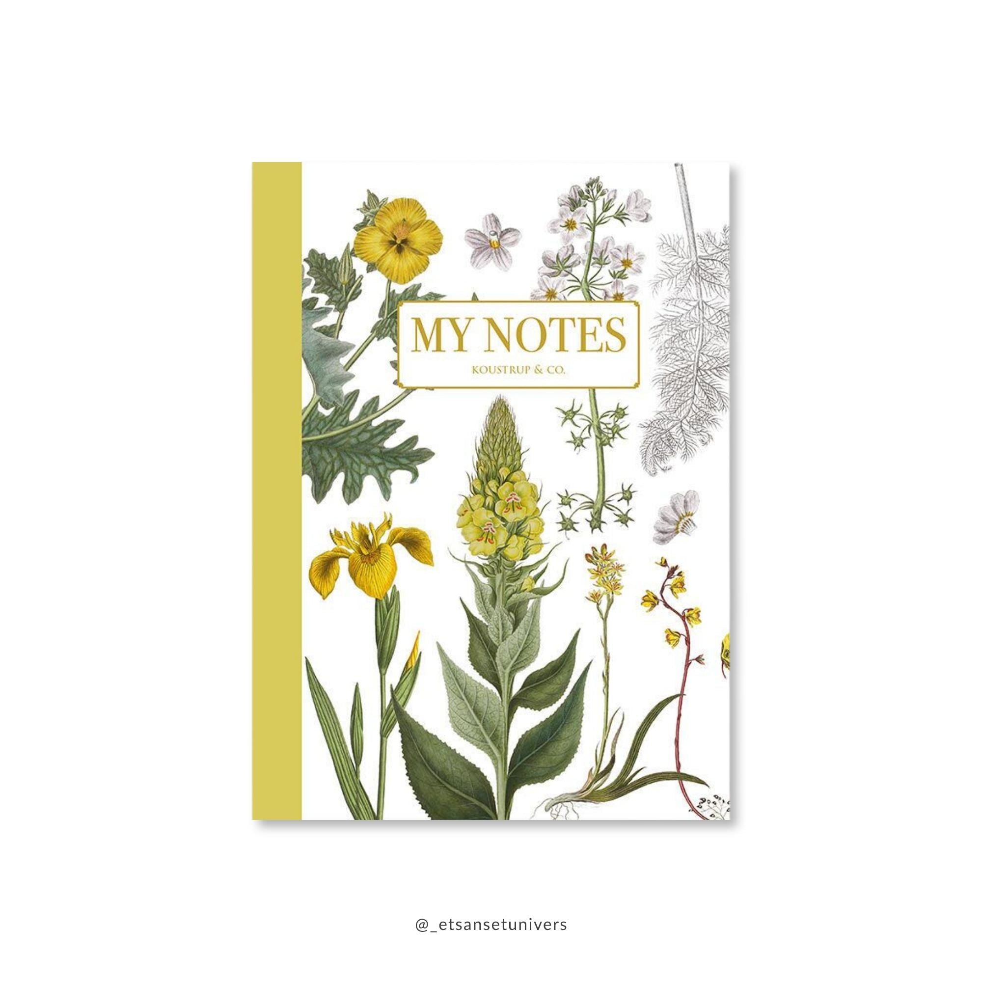 Noteshæfte med gult blomstermotiv – Et Sanset Univers