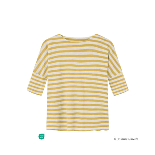 Merinould OEKO-TEX® bluse med 3/4 ærmer i lemon striber – Et Sanset Univers