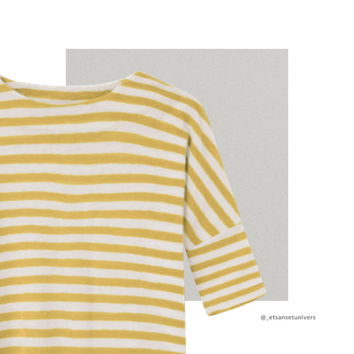Merinould OEKO-TEX® bluse med 3/4 ærmer i lemon striber – close up - Et Sanset Univers